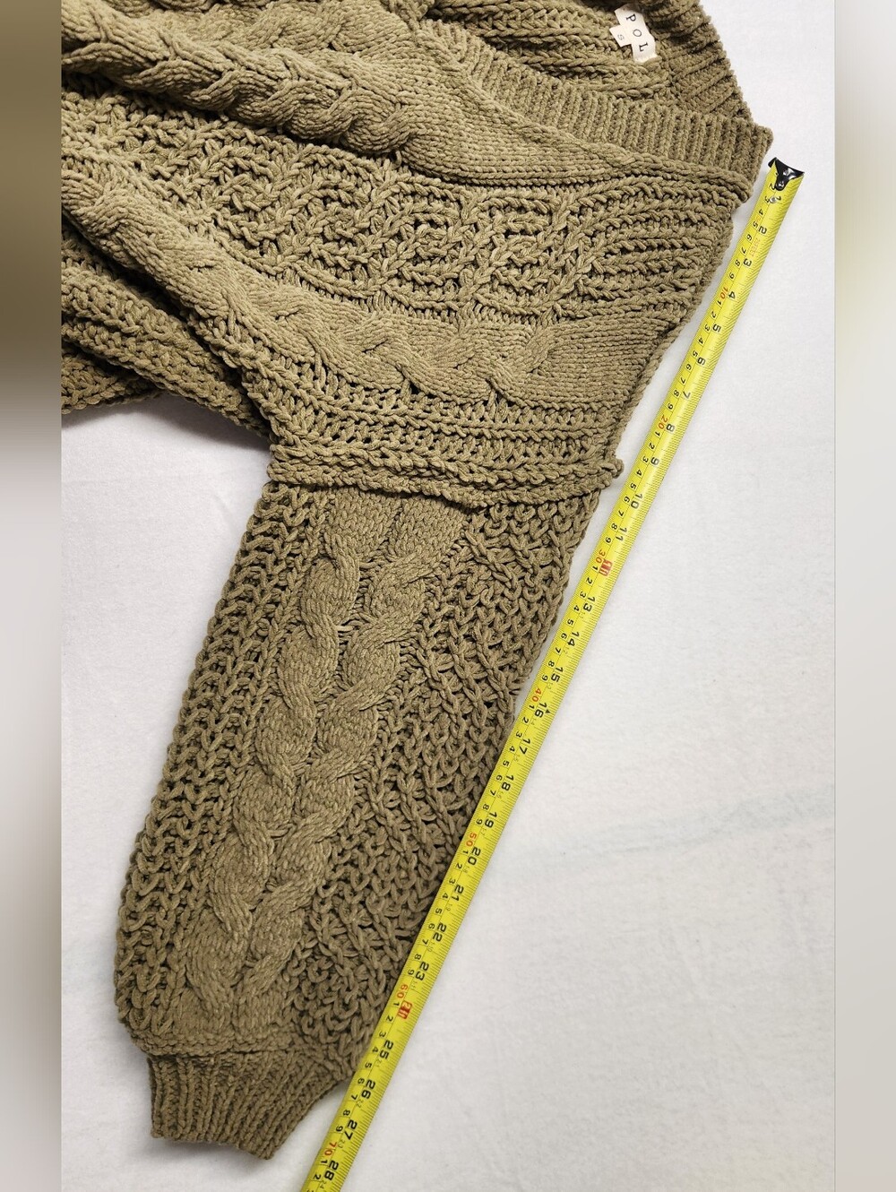 POL Olive Cable Knit Sweater Oversized V-Neck Boho Cottagecore Chunky Cozy Sz S - Picture 8 of 8